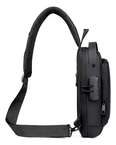 Bolso Banano Cruzado Impermeable Usb Riñonera Antirrobo Negro Cuero Sintético 12