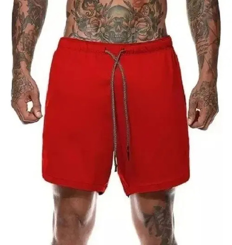 Short Gimnasio Licra Bolsillo Poliester Hombre Negro Y Rojo 12