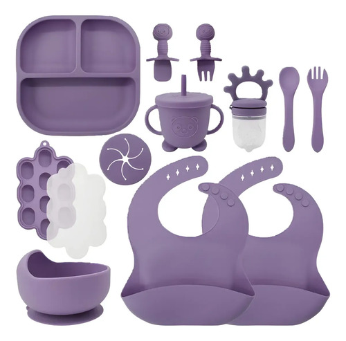 Juego De Alimentación De Silicona Antideslizante Bebes 13pz Morado Oscuro Lisa