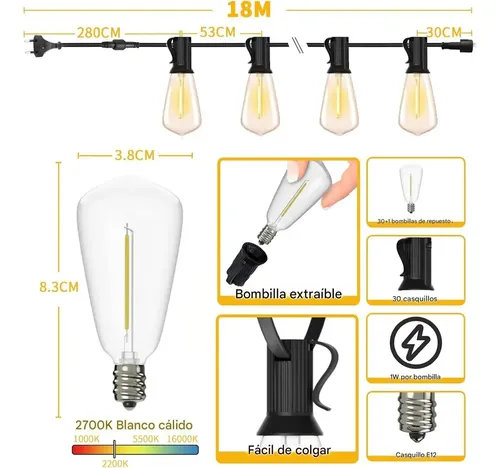 Cadena De 25 Luces De 15 M Que Se Puede Conectar En Serie Blanco Cálido 4