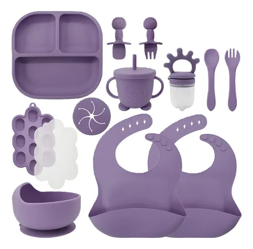 Juego De Alimentación De Silicona Antideslizante Bebes 13pz Morado Oscuro Lisa