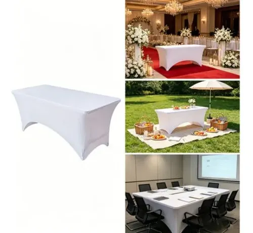 Mantel Spandex Blanco Rectangular 180x75 Cm Para Eventos Lavable Liso 14