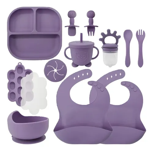 Juego De Alimentación De Silicona Antideslizante Bebes 13pz Morado Oscuro Lisa 9