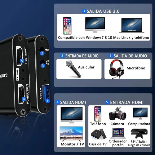 Capturadora Hdmi 4k Ultra Video Audio Mic In Streaming 3.0 4