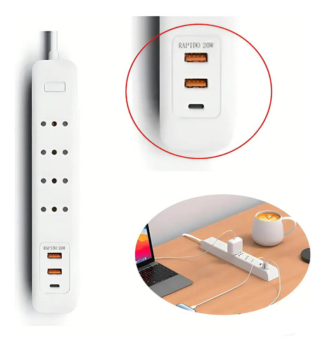 Falatale Alargador 4 Enchufes + 2 Usb Rápida 20w +1 Type C Blanco 10