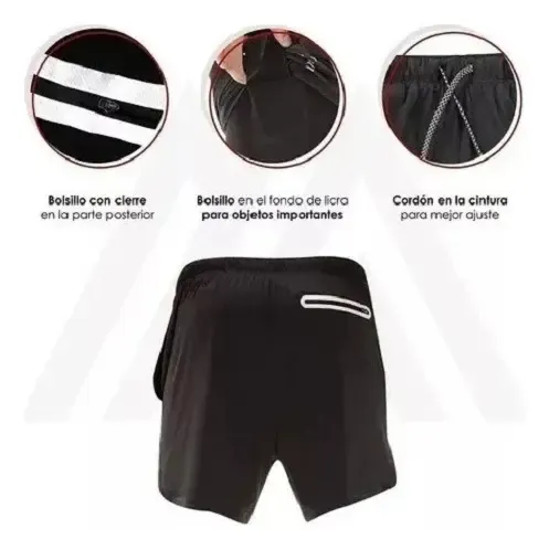Short Gimnasio Licra Bolsillo Poliester Hombre Negro Y Rojo 16
