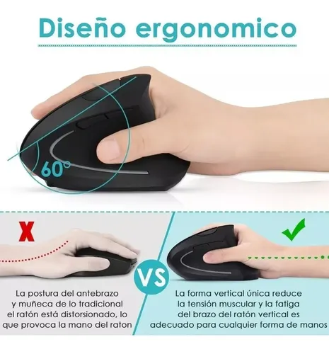 Ratón Vertical Inalámbrico 2.4g Recargable X Usb Ergonómico Color Negro 6