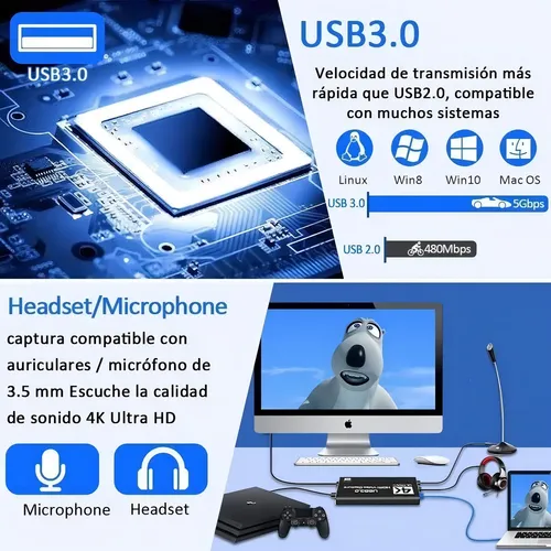 Capturadora Hdmi 4k Ultra Video Audio Mic In Streaming 3.0 5