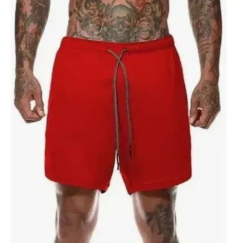 Short Gimnasio Licra Bolsillo Poliester Hombre Negro Y Rojo 16