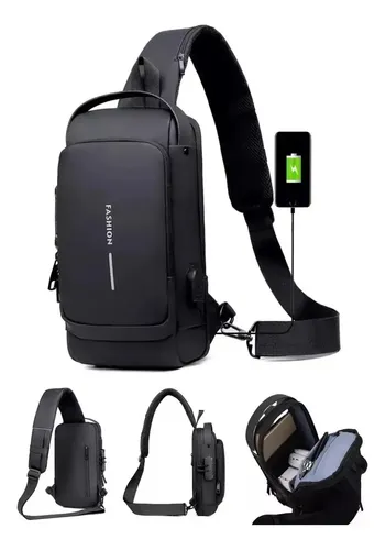 Bolso Banano Cruzado Impermeable Usb Riñonera Antirrobo Negro Cuero Sintético 16