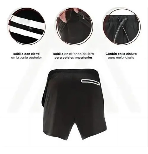 Short Gimnasio Licra Bolsillo Poliester Hombre Negro Y Rojo 13