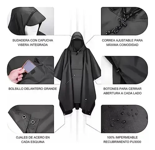 Poncho Impermeable Sin Olor Suave Capa Impermeable 210*140cm Negro 210*140cm 3