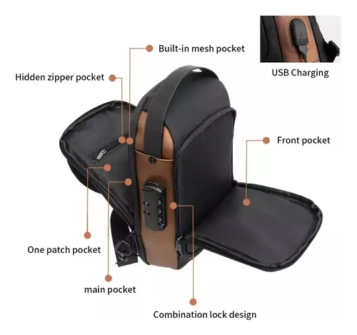 Bolso Banano Cruzado Impermeable Usb Riñonera Antirrobo Negro Cuero Sintético 14