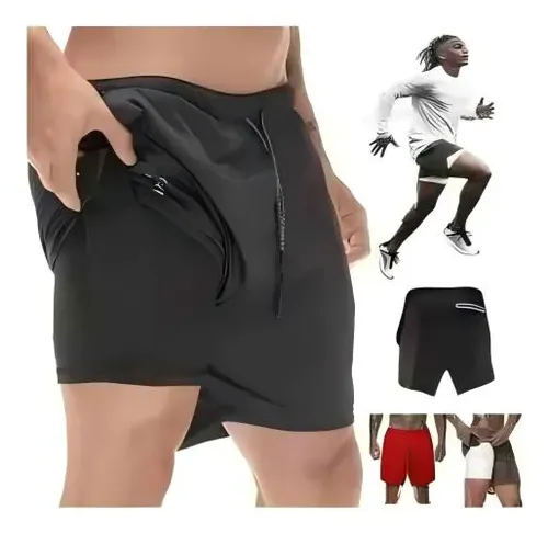 Short Gimnasio Licra Bolsillo Poliester Hombre Negro Y Rojo 7
