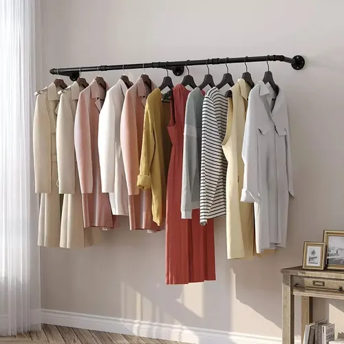 184cm Perchero De Pared Estante De Metal Para Ropa Multiusos Negro 3