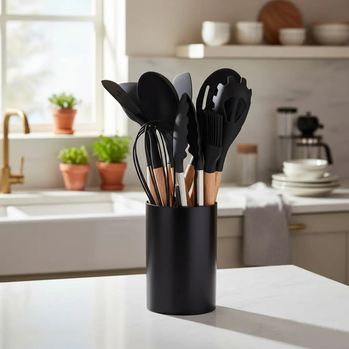 Set 11 De Cocina Antiadherentes De Silicona + Almacenamiento Negro 12