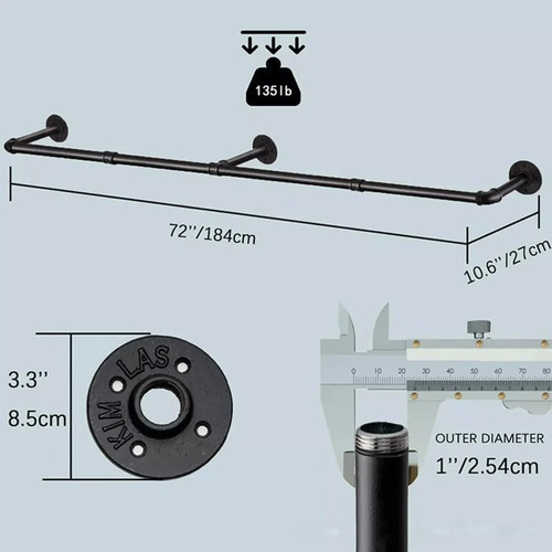 184cm Perchero De Pared Estante De Metal Para Ropa Multiusos Negro 7