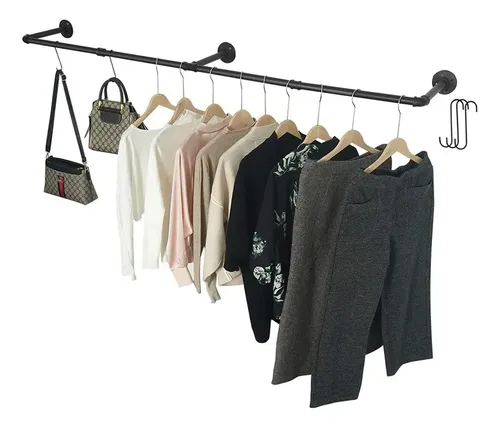 184cm Perchero De Pared Estante De Metal Para Ropa Multiusos Negro 2
