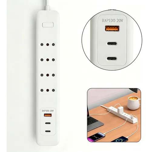 Alargador 4 Enchufes +rápida 20w ,2type C+1usb Protección Blanco 10