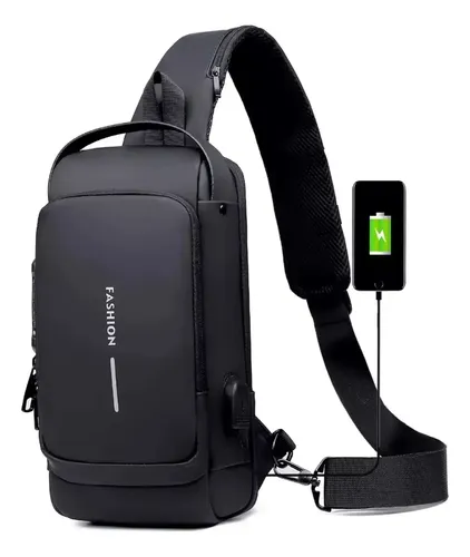 Bolso Banano Cruzado Impermeable Usb Riñonera Antirrobo Negro Cuero Sintético 8