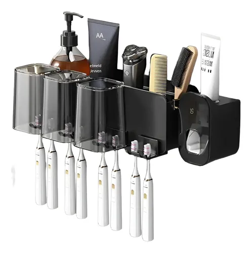 Dispensador Pasta Crema Dental Cepillos Organizador 4 Vaso Negro