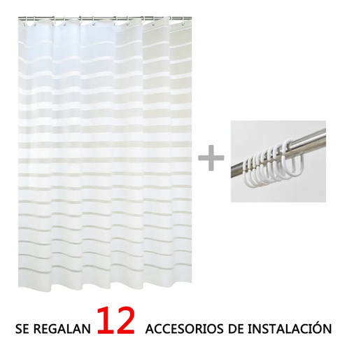Cortina De Baño Yu Forro Rayada Blancas 180x180cm Con Ganchos Peva Blanco Rayas 3