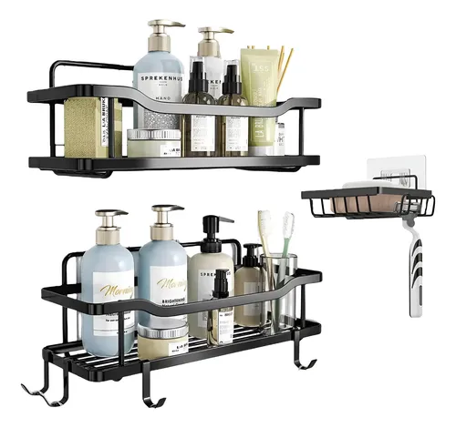 Organizador De Ducha Repisa Baño Adhesivo Set 3 Inoxidable Negro 10