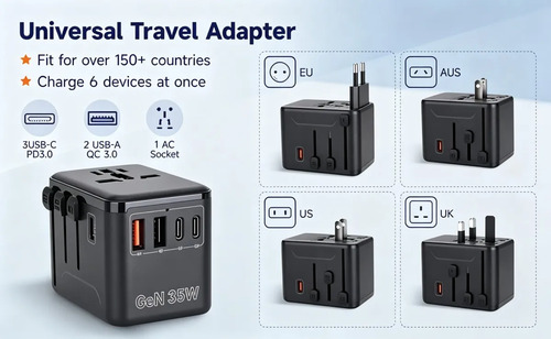 Enchufe Adaptador Viaje Universal En Uno 4 In 1 Gan 35w 2