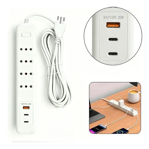 Alargador 4 Enchufes +rápida 20w ,2type C+1usb Protección Blanco