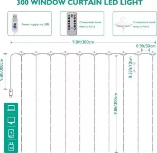 Cortinas Serie Luces 300 Led Decorativas Usb 8 Modelo 3x3m 15