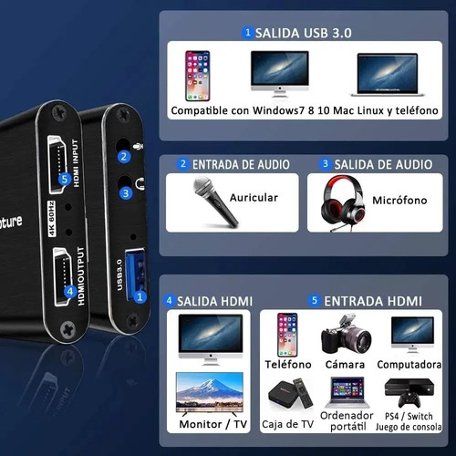 Capturadora Hdmi 4k Ultra Video Audio Mic In Streaming 3.0 16