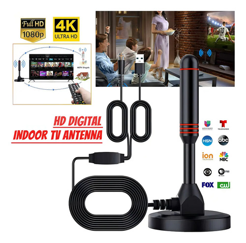 Antena Tv Digital Interior Hd Amplificada Por Usb 10m Negro 10