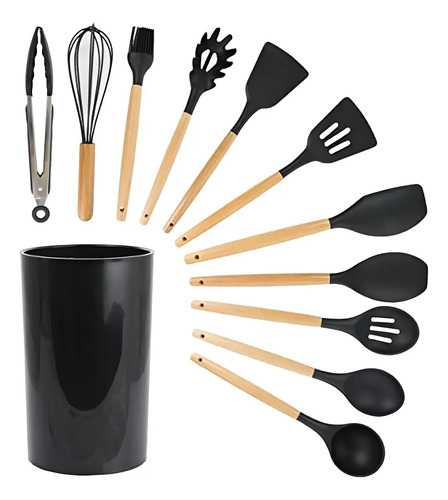 Set 11 De Cocina Antiadherentes De Silicona + Almacenamiento Negro