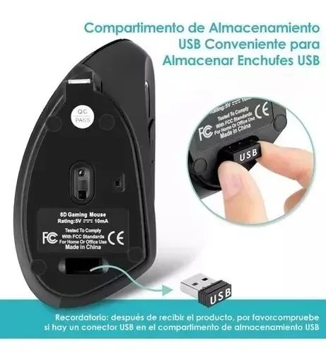 Ratón Vertical Inalámbrico 2.4g Recargable X Usb Ergonómico Color Negro 14