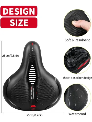 Sillin Bicicleta Antiprostático Cómodo Amplio Reflectante Negro 26 Cm 20.6 Cm 15