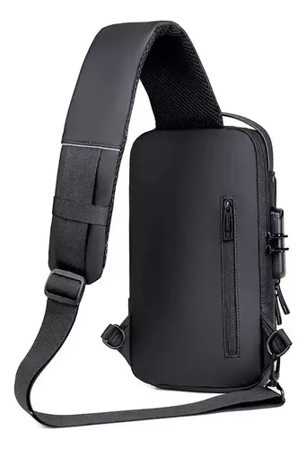 Bolso Banano Cruzado Impermeable Usb Riñonera Antirrobo Negro Cuero Sintético