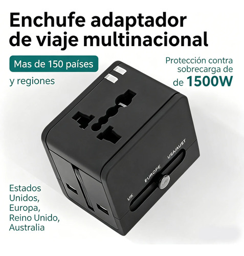 Adaptador Enchufe Universal Negro Tecnolab Tl354 Con Usb Viajes Brasil 10