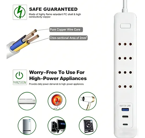 Falatale Alargador 4 Enchufes + 2 Usb Rápida 20w +1 Type C Blanco 13